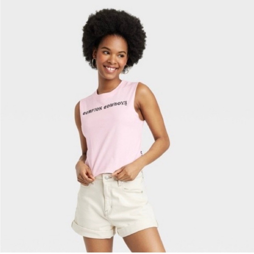 Compton Cowboys Crop Top Muscle Tank Light Pink Small Raw Edges Hem Sleeveless‎